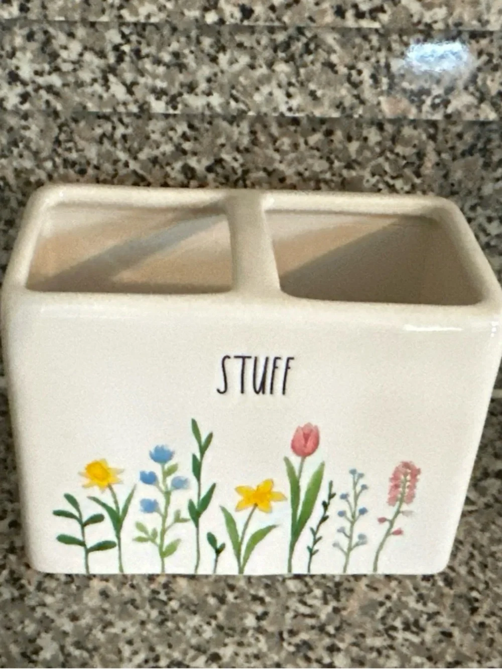 Rae Dunn Floral “STUFF” Ceramic Divided Holder Toothbrush - Picture 2 of 4